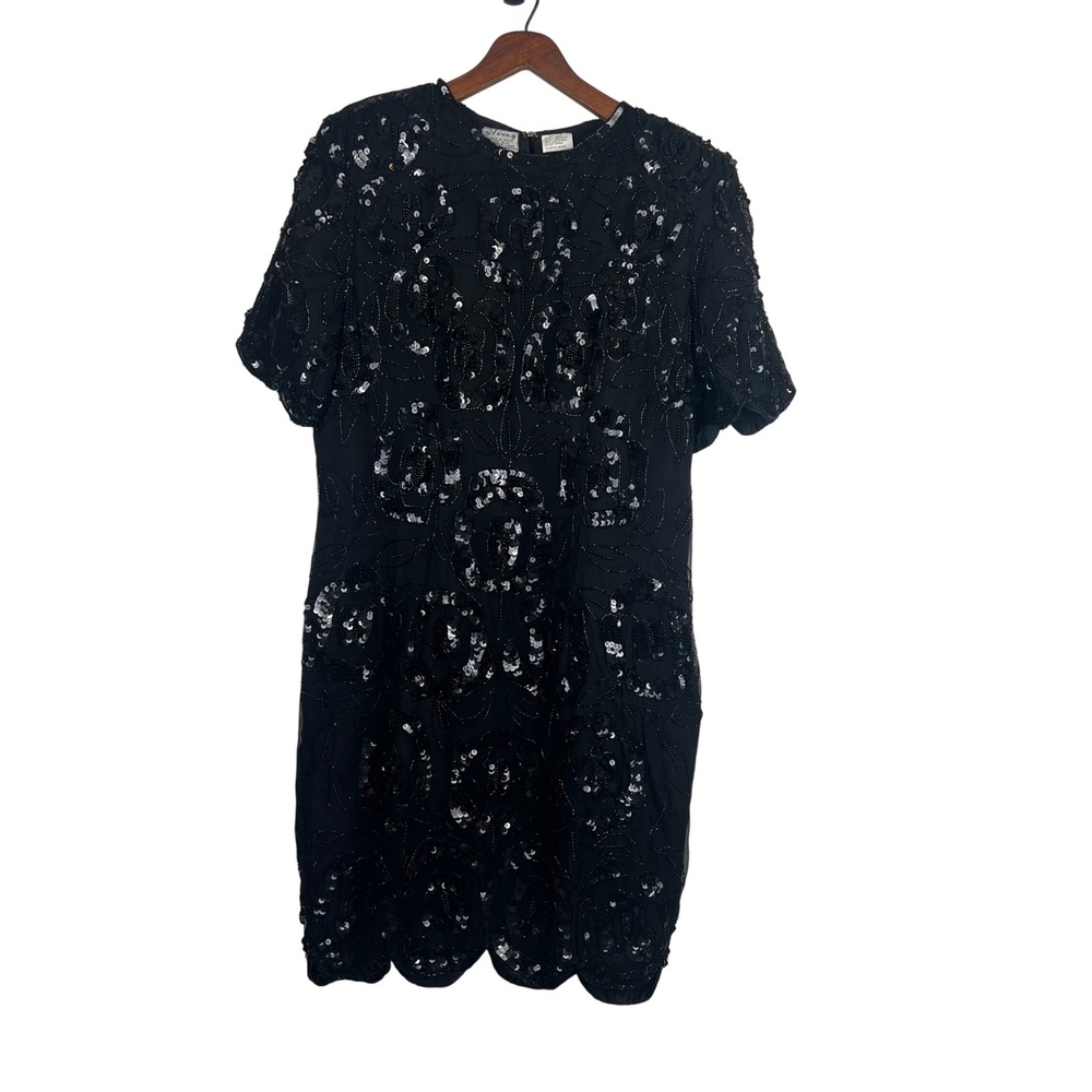 Stenay Black Sequins Beaded Silk Short Sleeve Formal Party Dress Vintage Size 14